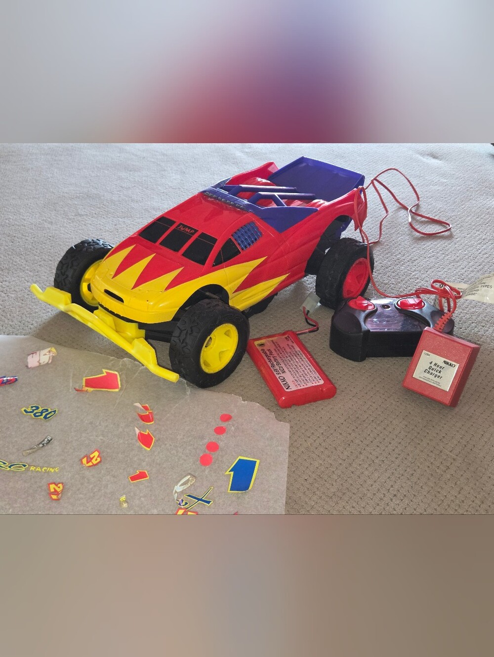 Vintage 1996 Hasbo XRC Air Devil RC Car W/ battery, charger, remote & stickers,